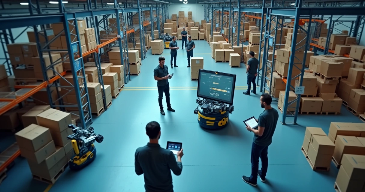 Gestor conferindo estoque em tempo real usando tablet em um armazém digital 