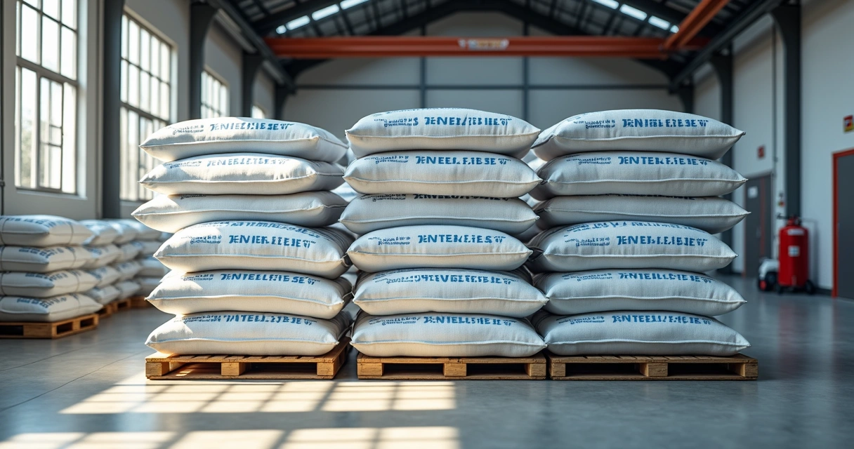 Empilhamento correto de sacos de ráfia com fertilizante em um galpão coberto 