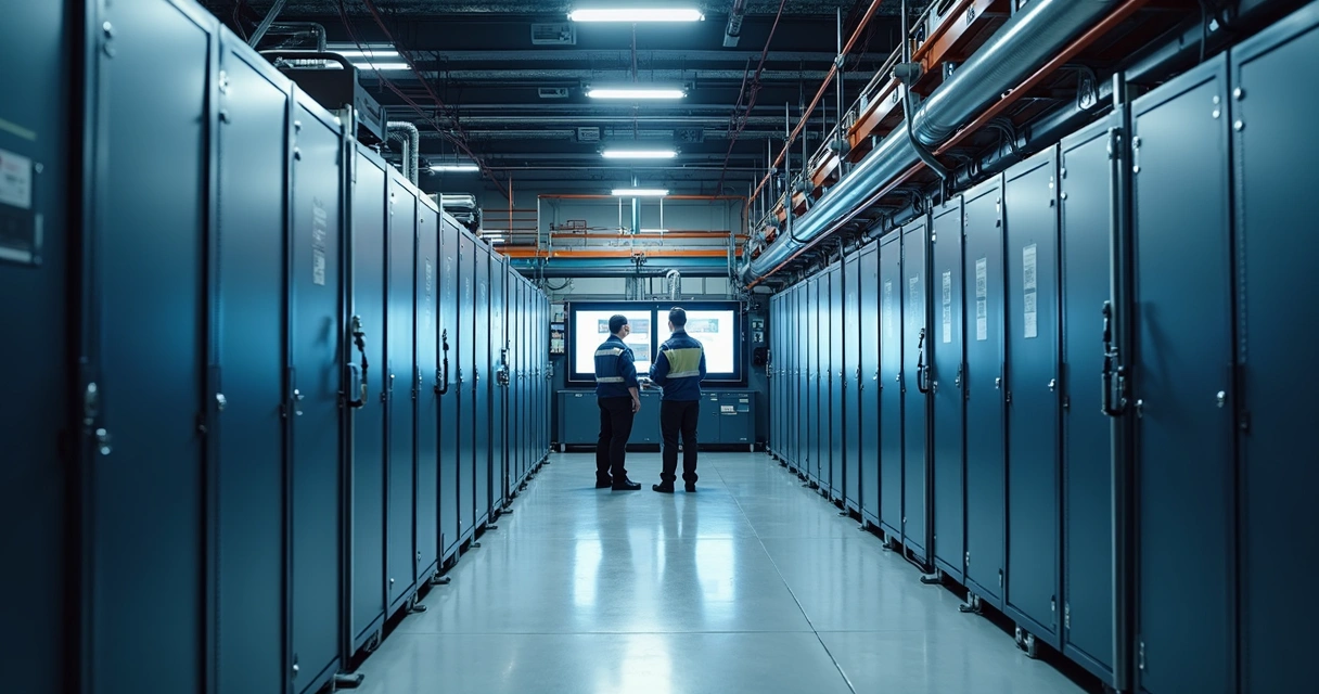 Sala industrial com racks de baterias de lítio ao fundo e técnicos monitorando
