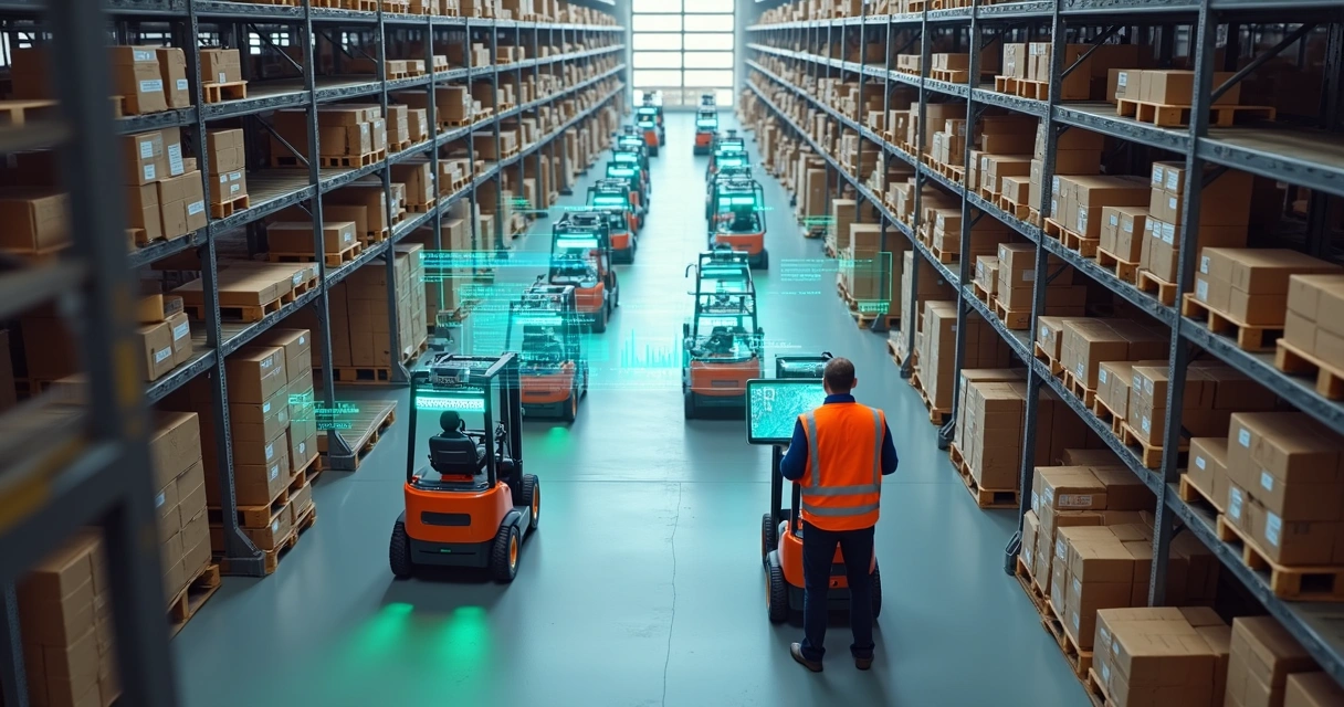Visão superior de armazém automatizado com robôs, empilhadeiras autônomas e supervisores interagindo com monitores digitais 