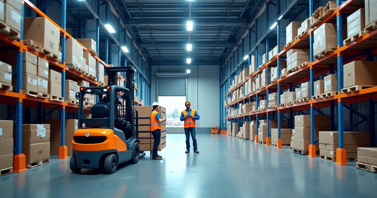 Warehouse nos EUA: como escolher localização e estrutura 1 Empilhadeira movendo pallets em armazém americano moderno