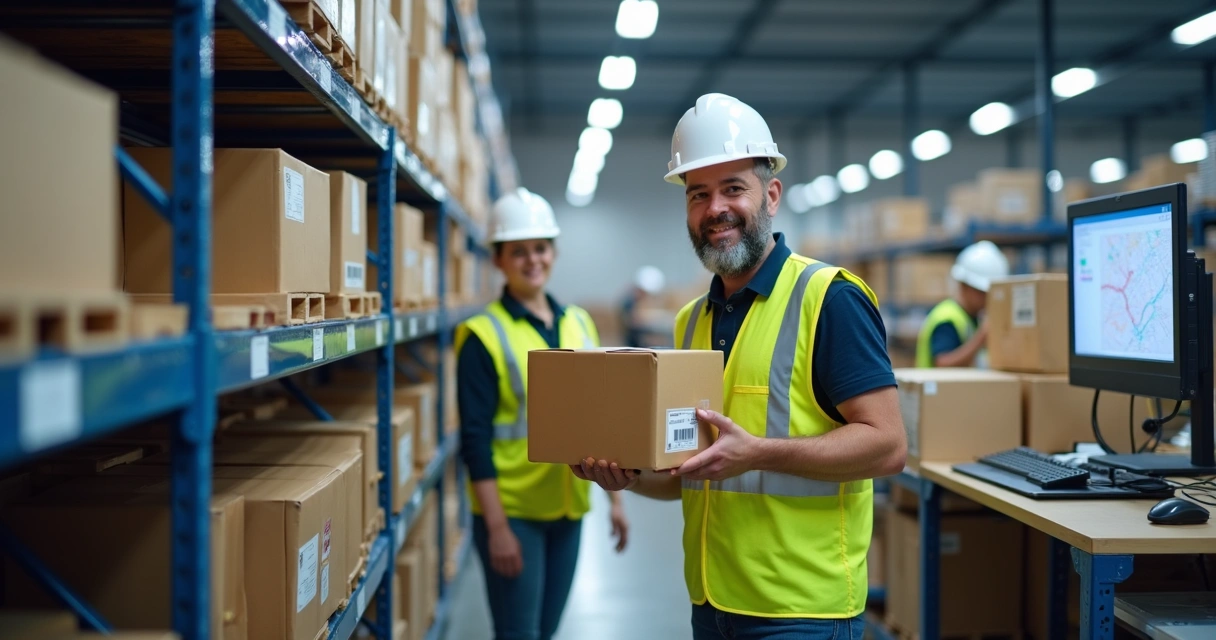 Operadores organizando caixas em prateleiras de um armazém 