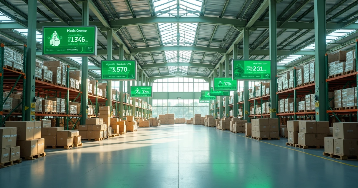 Galpão logístico moderno com prateleiras e displays eletrônicos 
