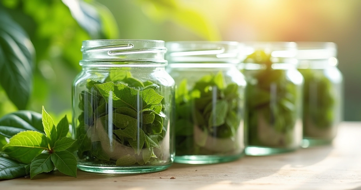 Potes de vidro transparentes com folhas secas de moringa organizados sobre mesa de madeira clara 