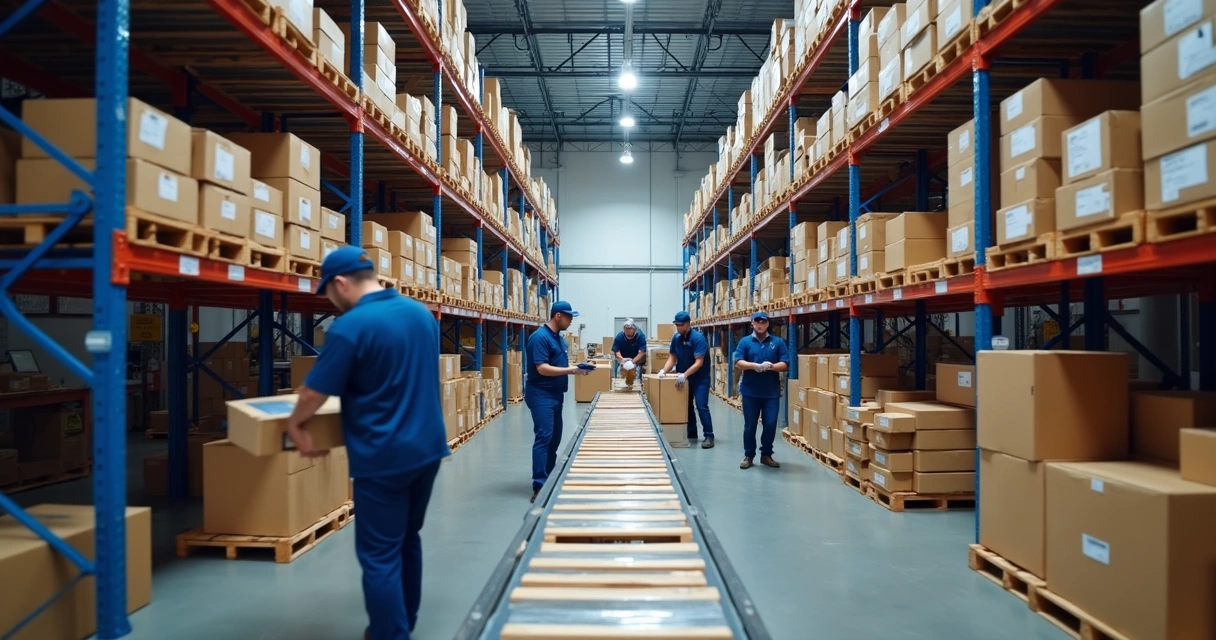 Funcionários organizando produtos em armazém de e-commerce 