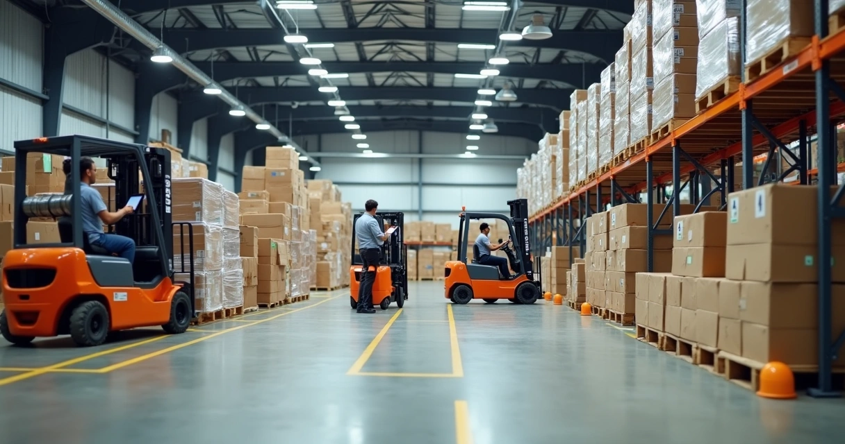 Empilhadeiras movimentando caixas em galpão de estoque 