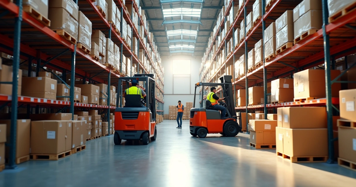 Armazém industrial com empilhadeiras organizando caixas empilhadas 