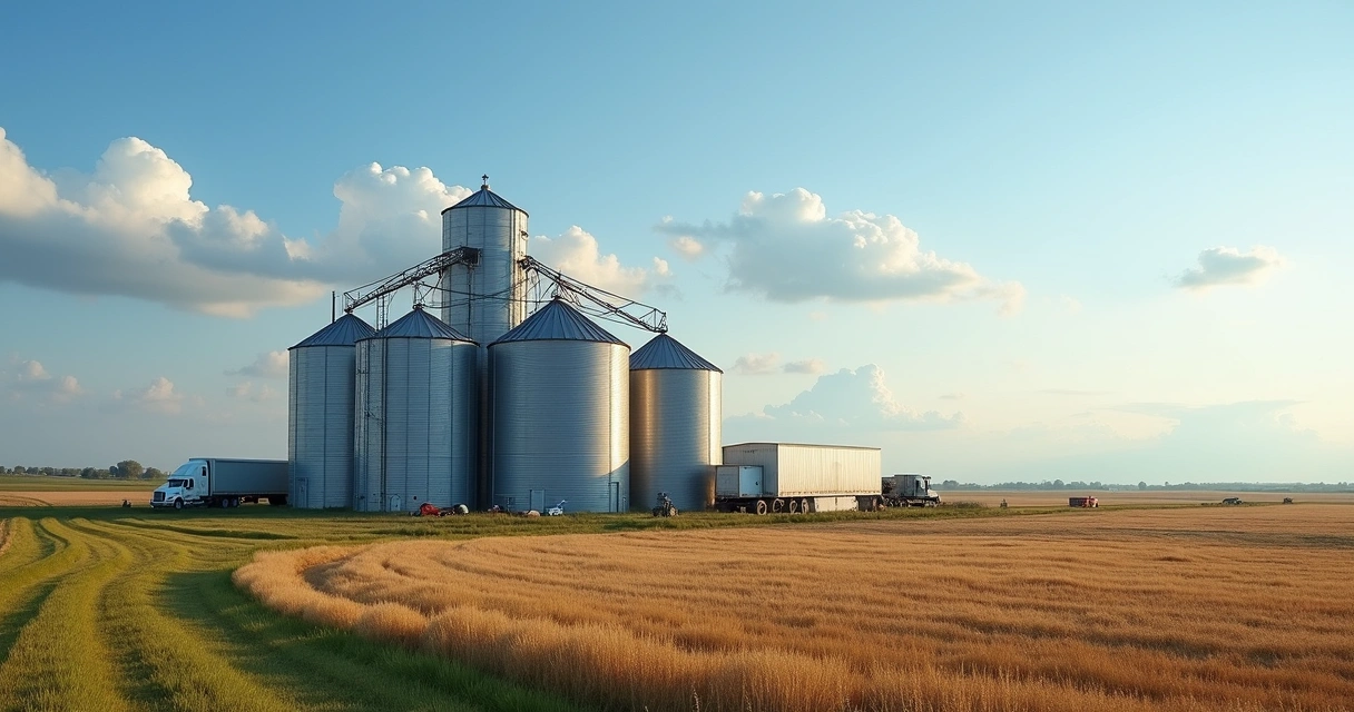 Silos de grãos ao lado de caminhões em área agrícola