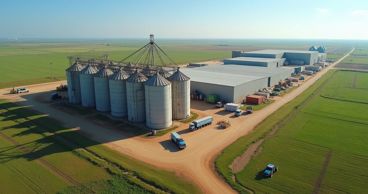 Vista panorâmica de armazéns industriais e silos com caminhões e empilhadeiras ao redor 