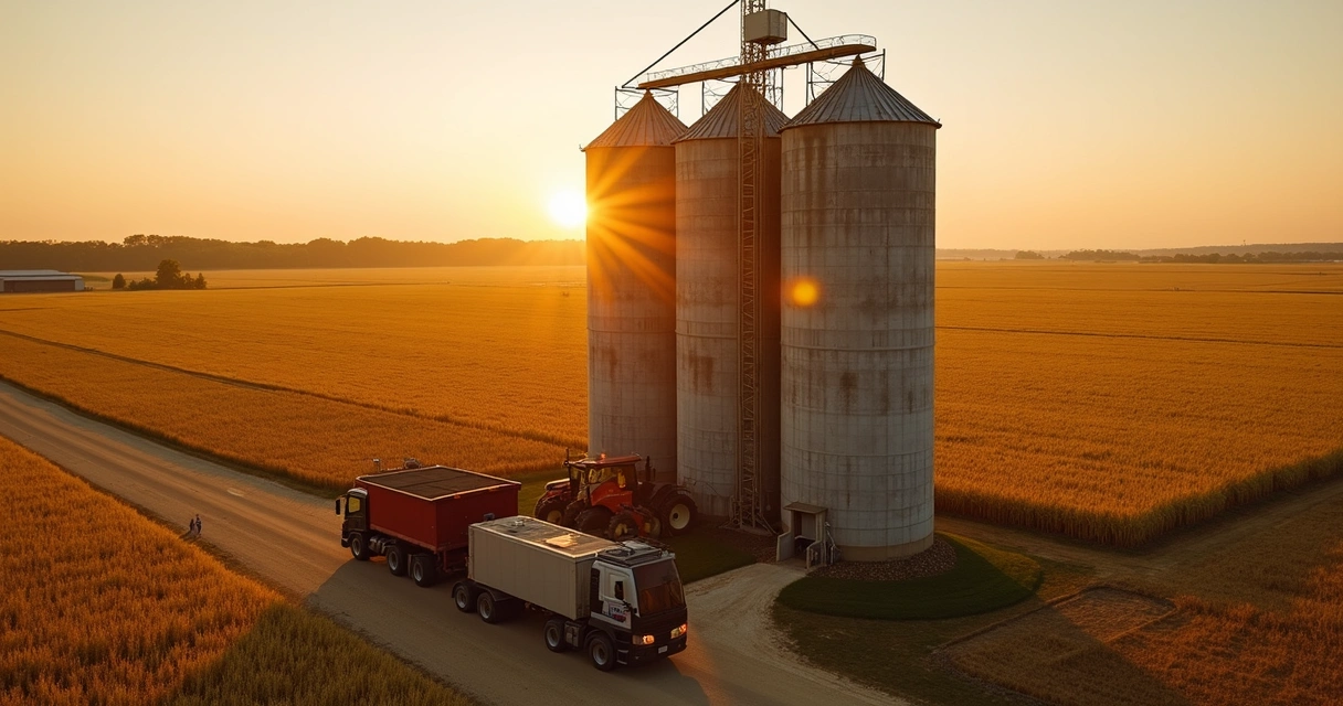 Silos cheios de milho e soja vistos de cima