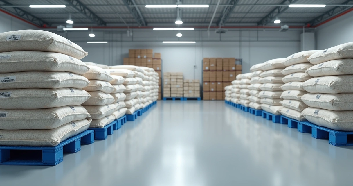 Sacos de ráfia identificados sobre pallets em estoque limpo 