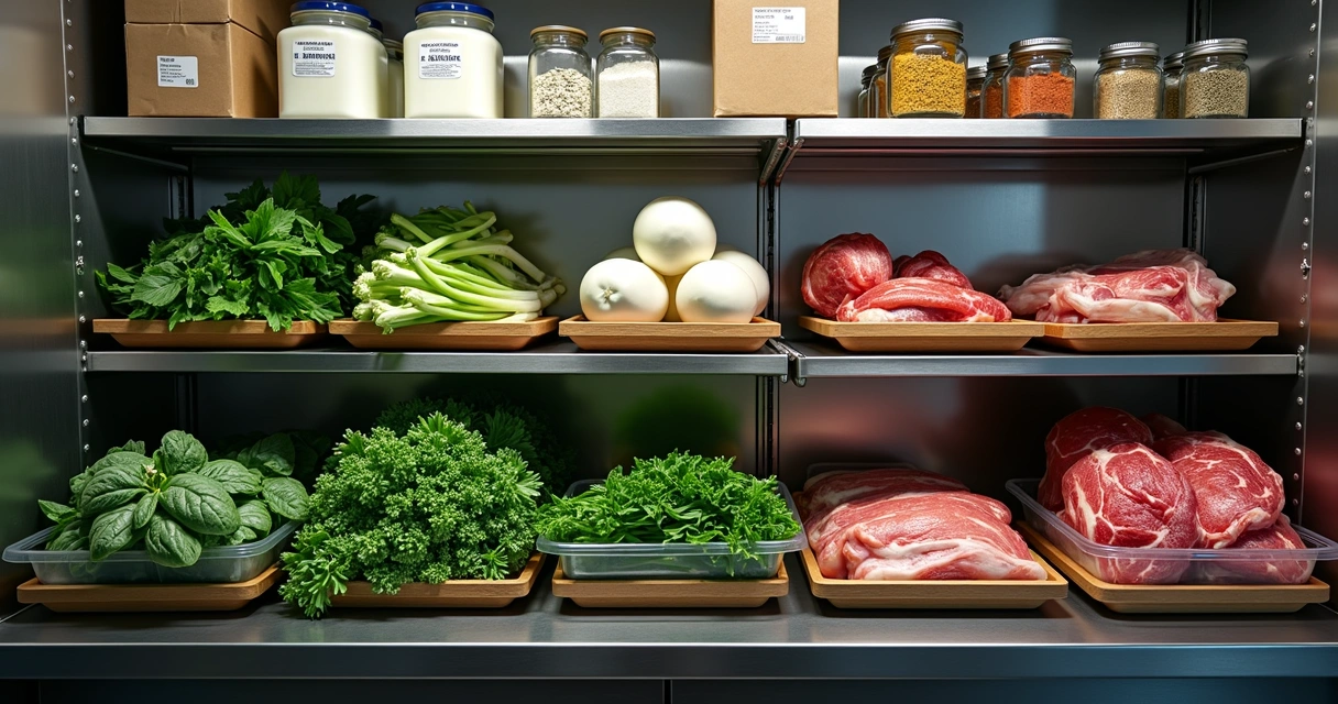 Prateleiras de cozinha com alimentos organizados corretamente 