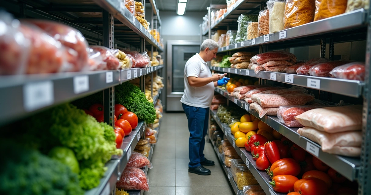 Armazenamento correto de alimentos em prateleiras de restaurante 