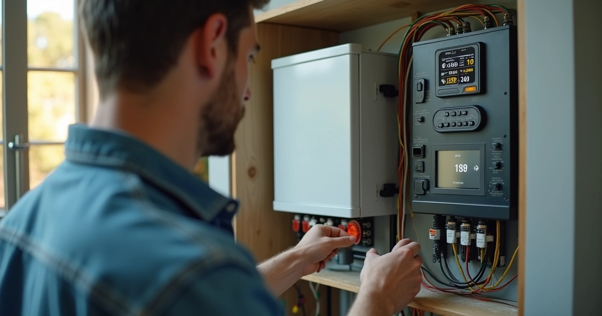 Pessoa conferindo bateria de sistema de energia solar residencial