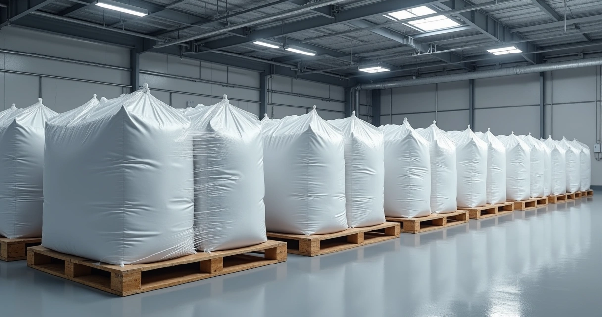 Big bags organizados em paletes dentro de armazém seco 