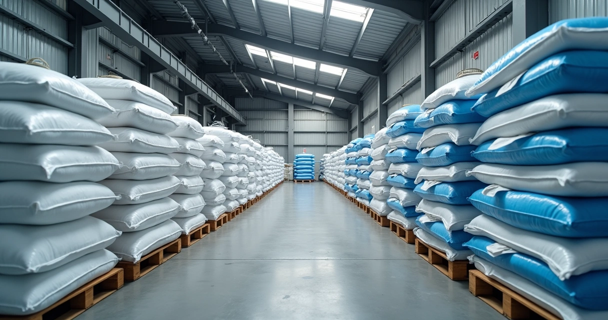 Estoque industrial com big bags empilhados de forma organizada e protegidos da luz direta 