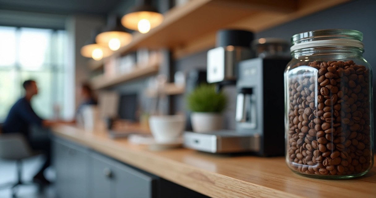 Café em pote hermético em sala de escritório 