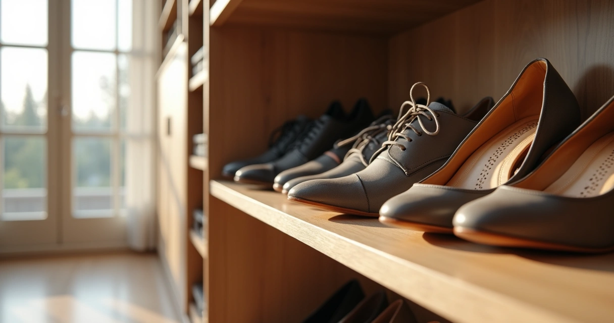 Calçados importados organizados em prateleira ventilada com sachês de sílica 