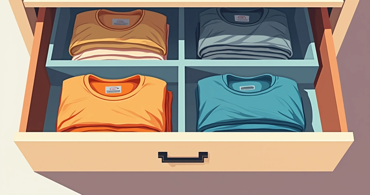 Camisetas dobradas em gaveta organizada com separadores 