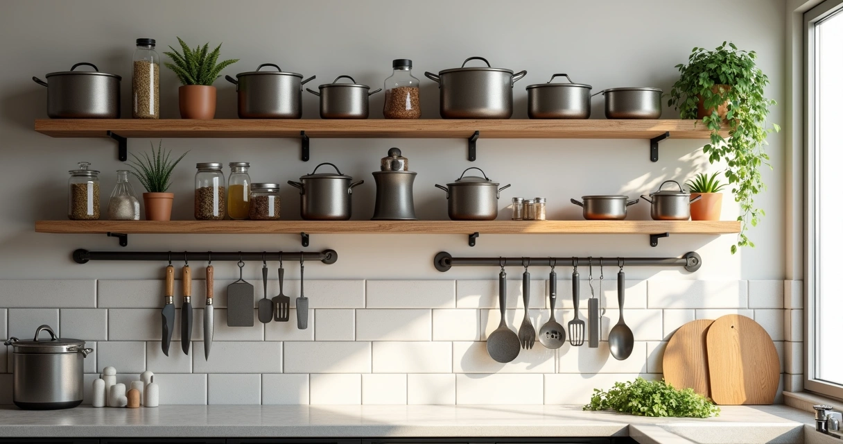 Prateleiras altas de cozinha com utensílios, temperos e plantas pequenas 