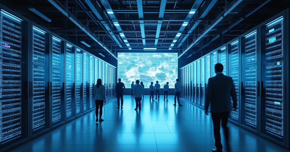 Servidor de dados corporativos em ambiente iluminado, prateleiras de servidores e cabos organizados 