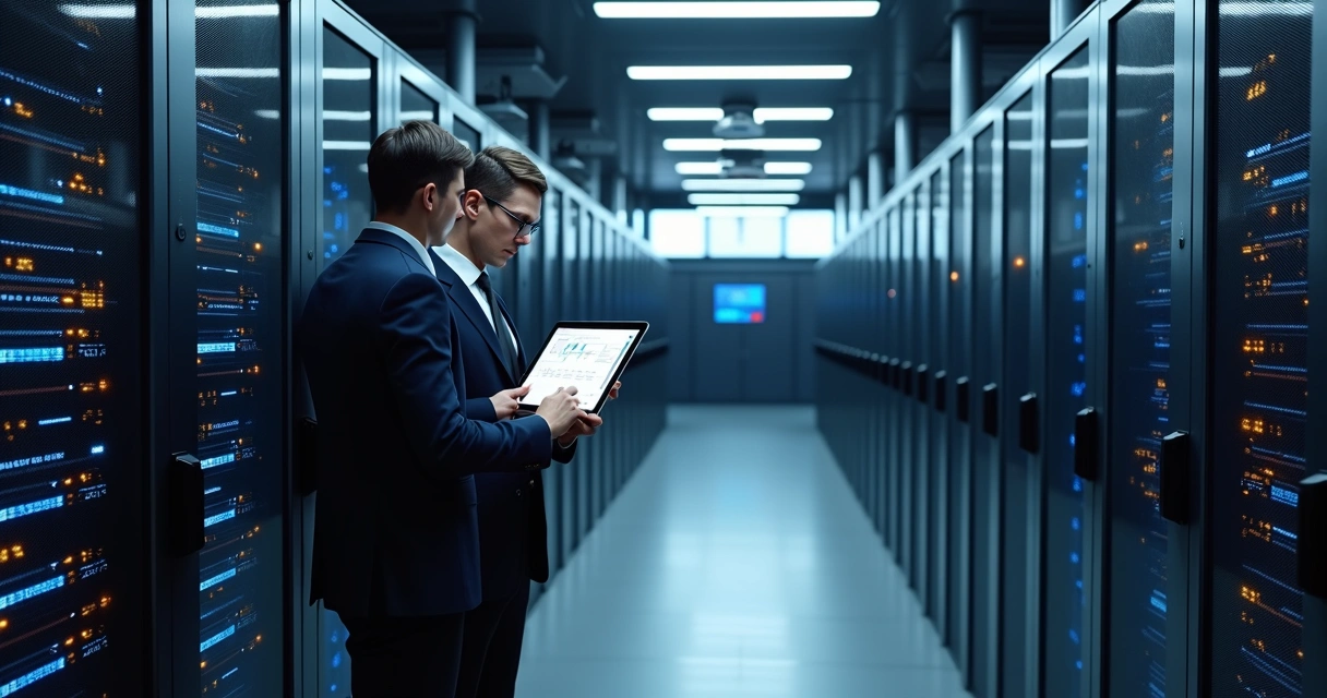 Sala com servidores de dados e profissionais de TI 