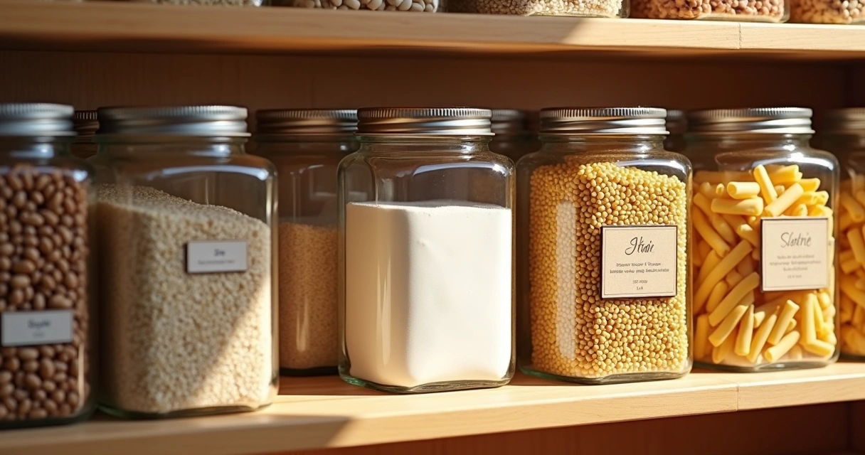 Prateleiras de dispensa organizadas com potes de grãos, farinhas e feijão 