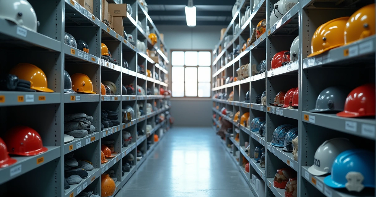 Prateleiras com EPIs organizados em armários de metal
