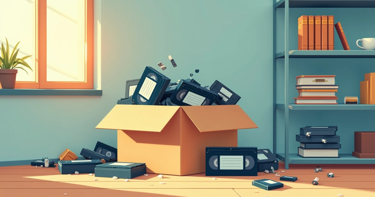 Caixa desorganizada com fitas betamax mal armazenadas em ambiente doméstico 