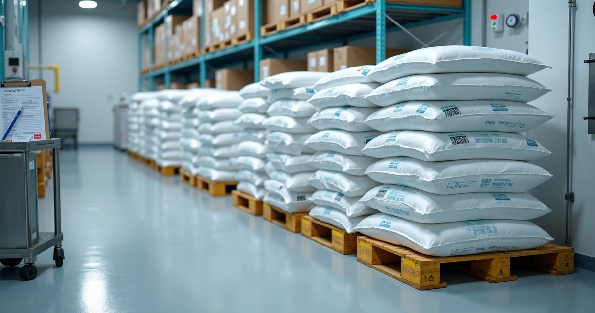 Sacos de ráfia com produtos farmacêuticos sobre pallets em depósito limpo 