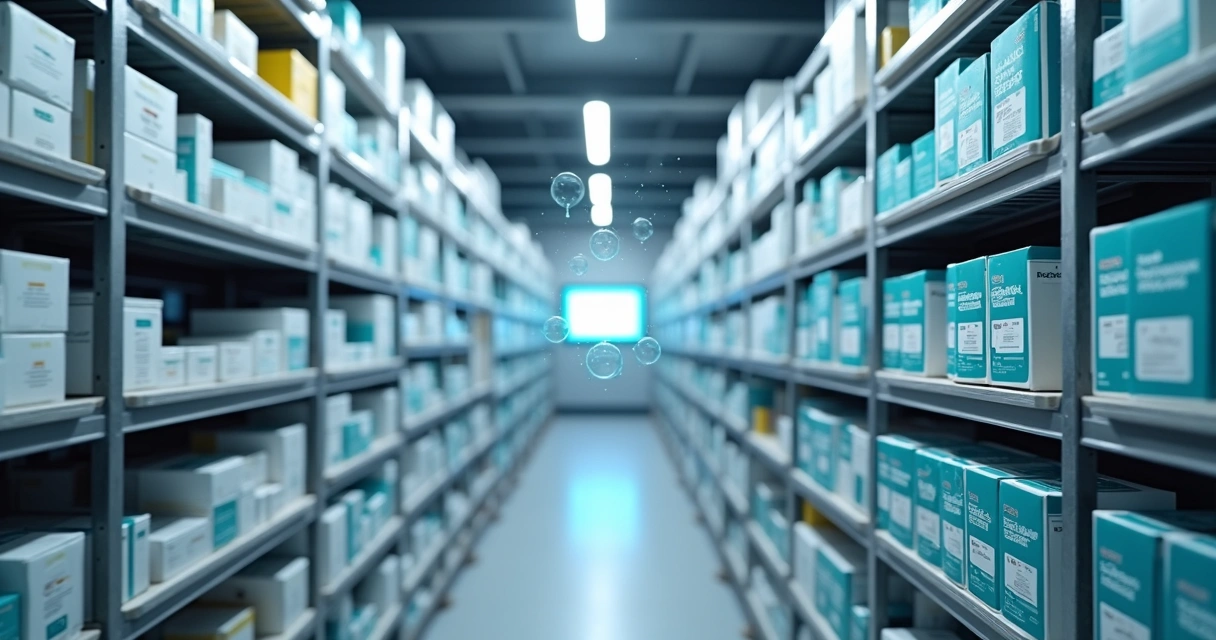 Sensores monitorando medicamentos em um armazém farmacêutico moderno 