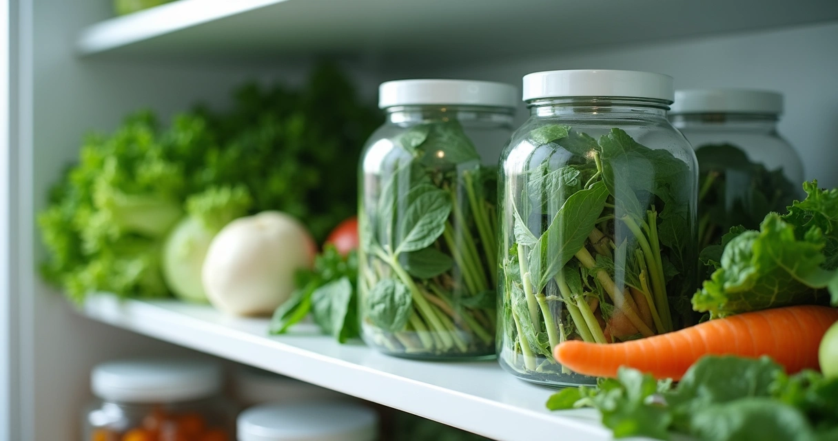 Folhas frescas de moringa armazenadas em pote hermético na geladeira, ao lado de outras hortaliças
