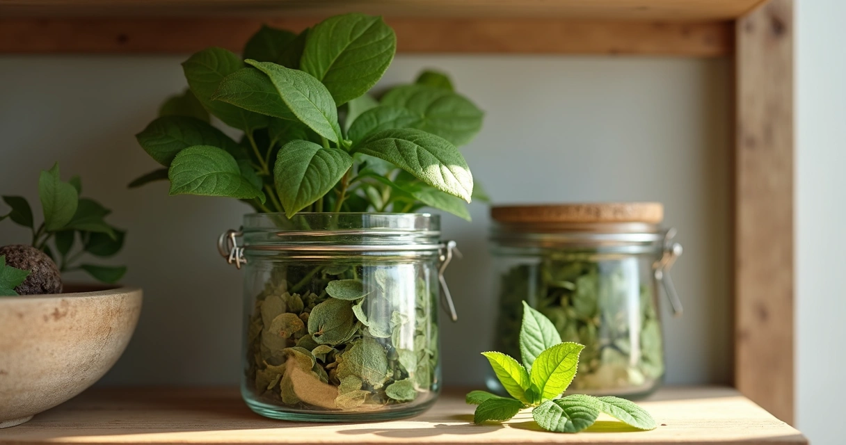 Folhas de moringa secas armazenadas em pote de vidro opaco e bem vedado
