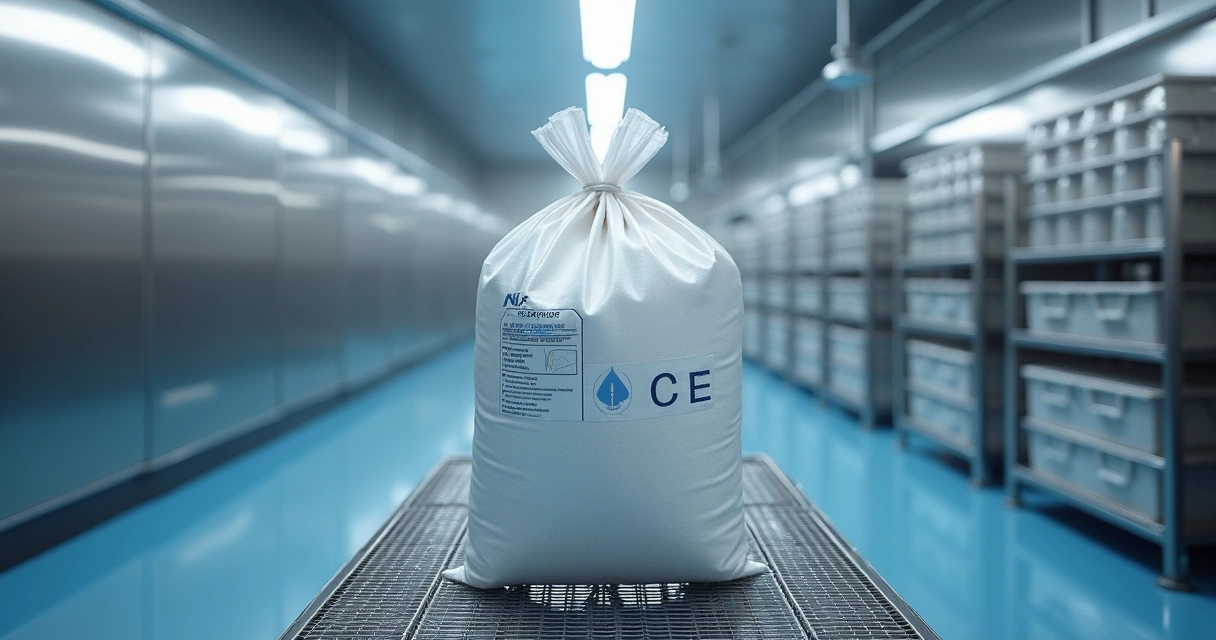 Big bag fechado com gelo sobre grade elevada em sala fria inoxidável 