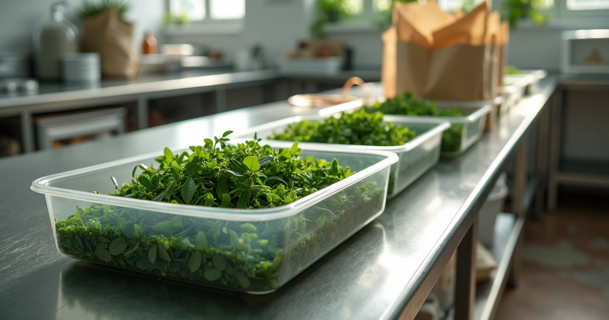 Folhas de moringa armazenadas em recipientes fechados e limpos sobre bancada de inox 