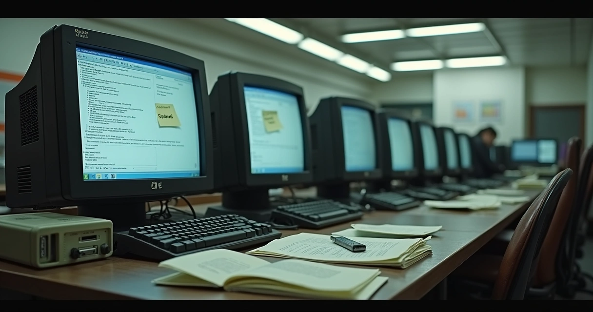 Fita de backup e pendrive ao lado de computadores antigos