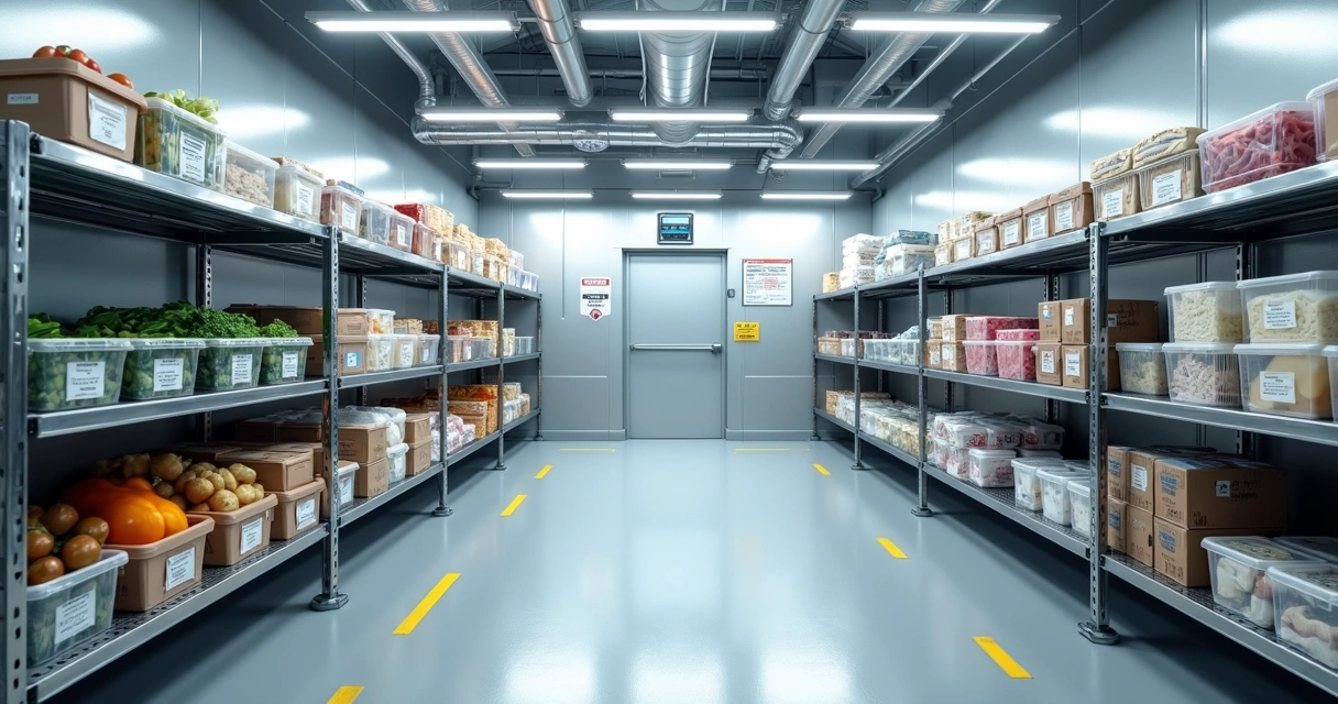 Câmara fria industrial organizada com insumos alimentícios refrigerados em prateleiras de aço inox 