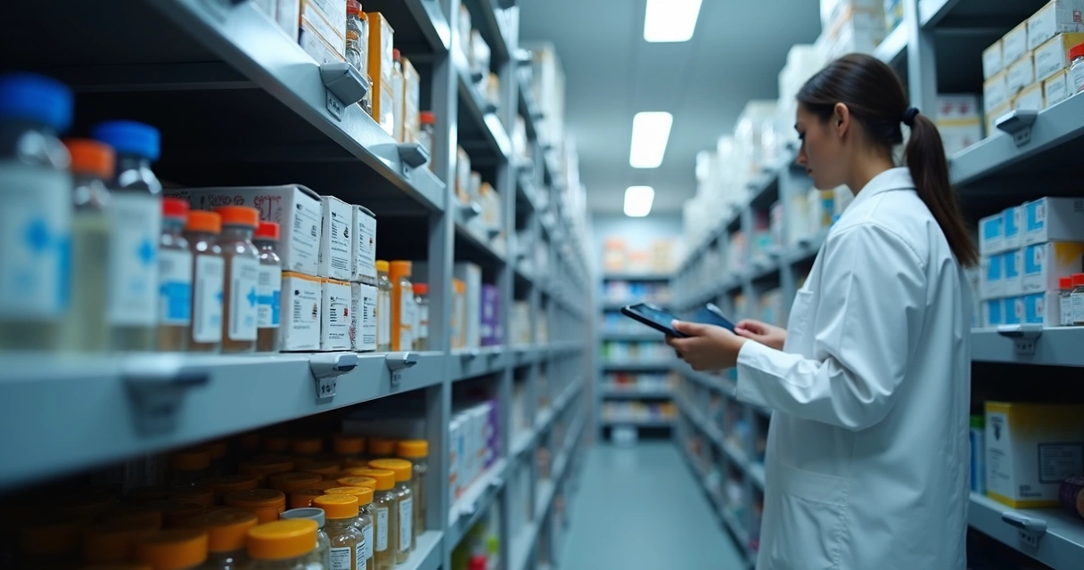 Estoque organizado com insumos sensíveis em prateleiras e sensores fixados nas paredes 