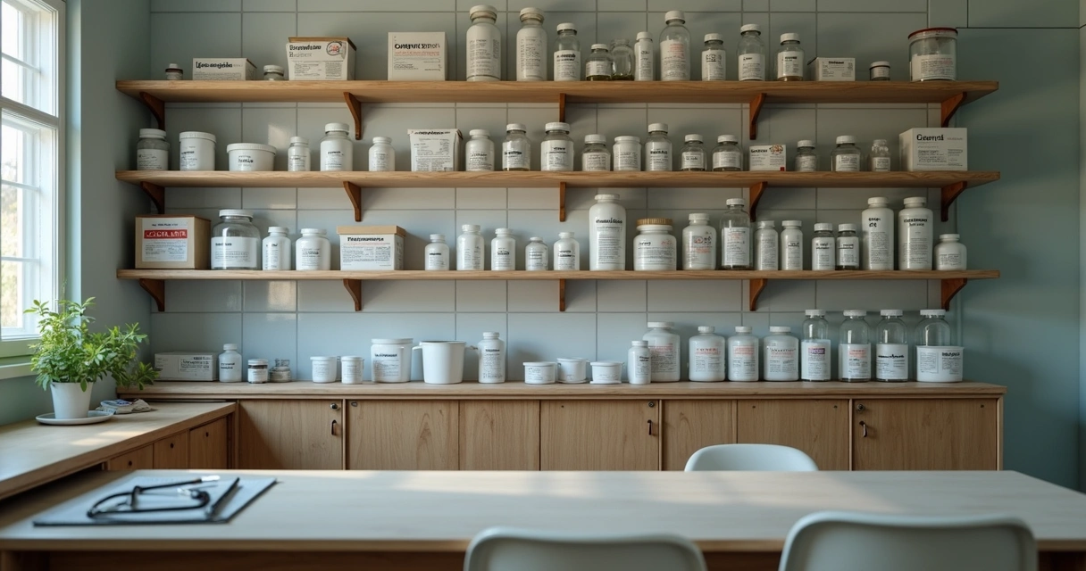Prateleiras organizadas com medicamentos e etiquetas visíveis 