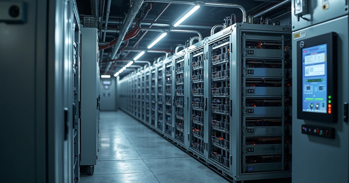 Módulos de baterias conectados em racks dentro de um container de armazenamento 