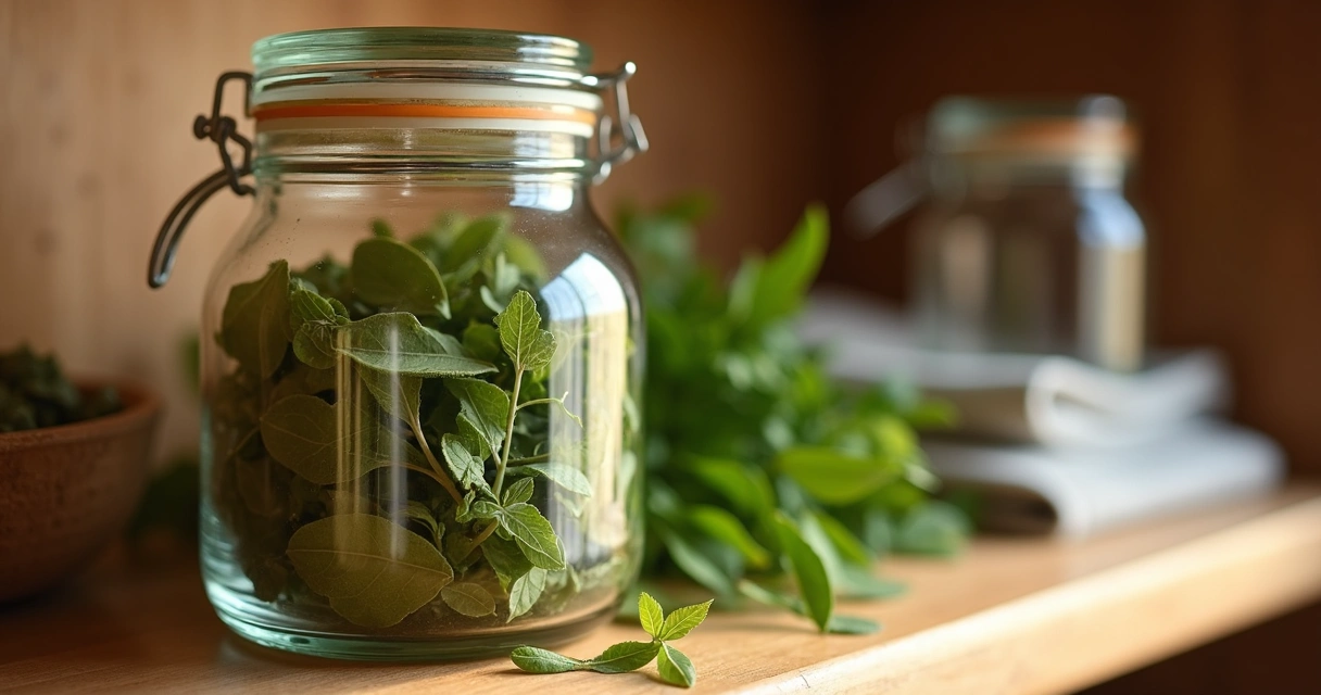 Moringa desidratada em pote de vidro fechado 