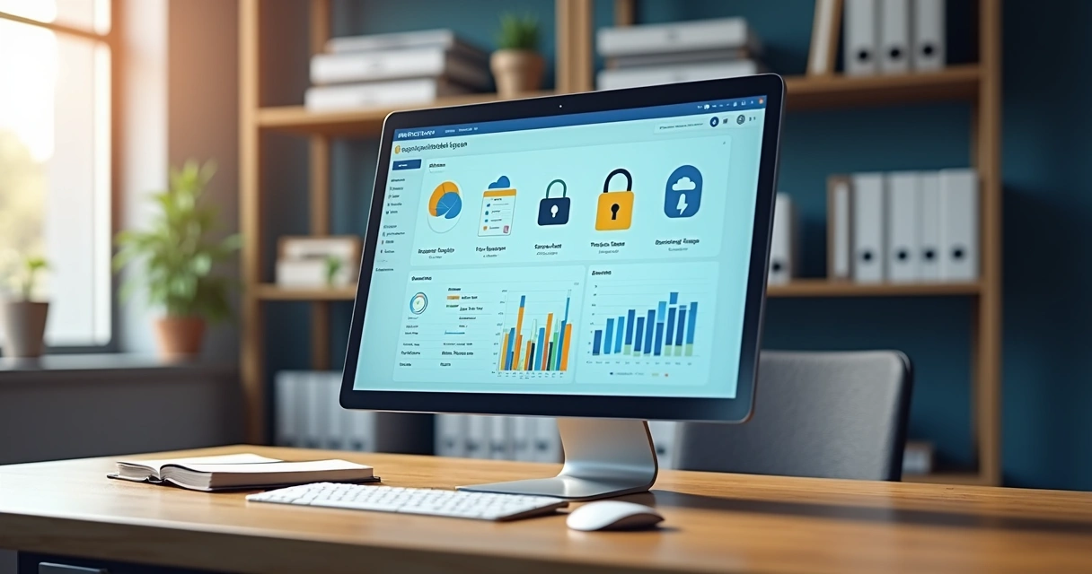 Tela de computador mostrando armazenamento seguro de NF-e na nuvem, com gráficos de dados e cadeado digital 