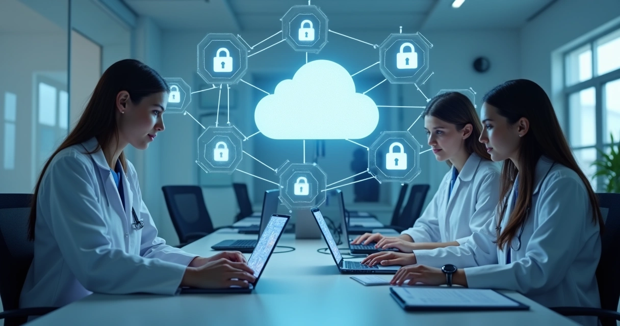 Computadores conectados a um servidor de nuvem com dados médicos criptografados 