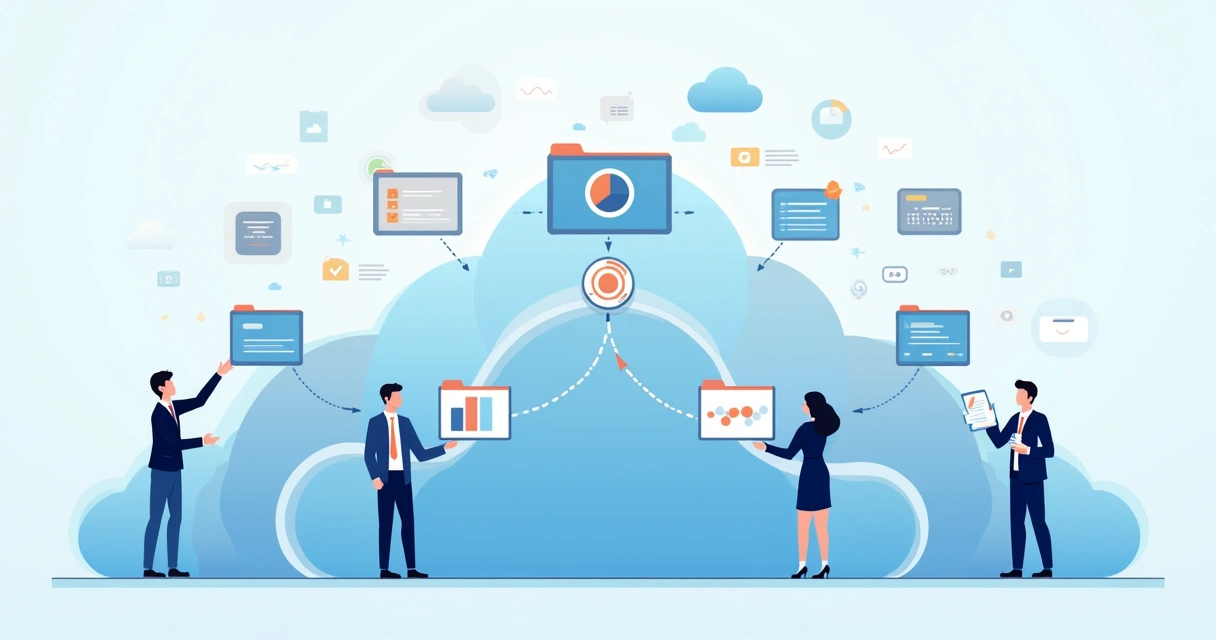 Conceito visual de armazenamento em nuvem com arquivos empresariais