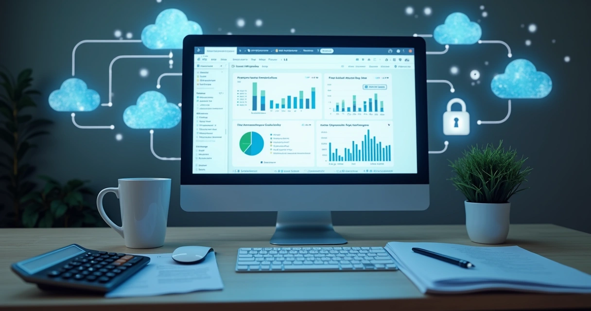 Tela de computador com gráficos e arquivos em nuvem para contabilidade 