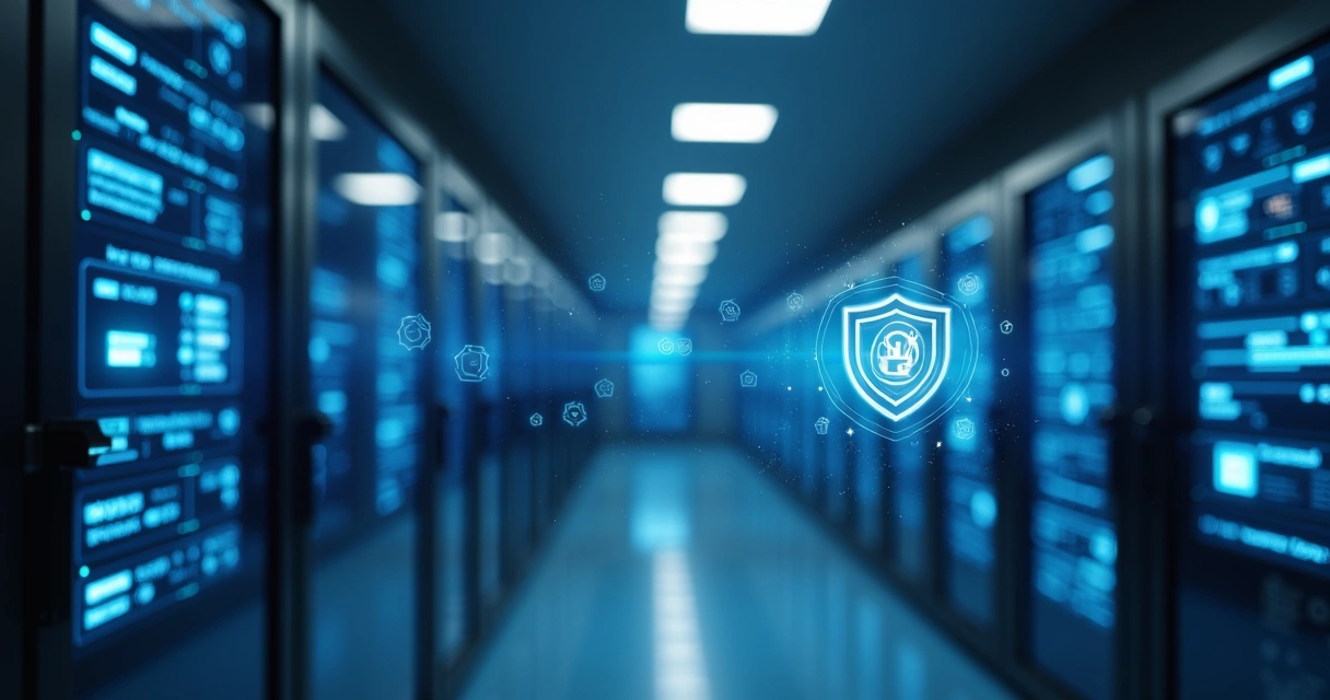 Ilustração de servidores em nuvem protegidos por cadeado digital e elementos de segurança ao redor no fundo claro 