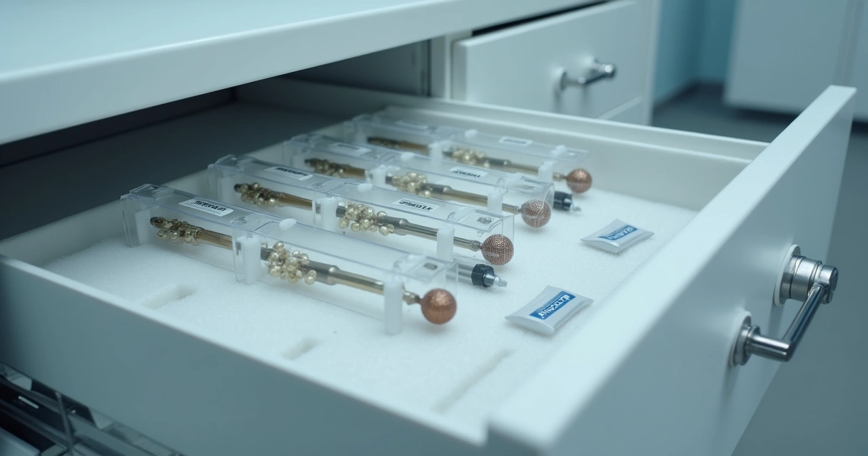 Orquidômetros bem organizados em gaveta com estojo de proteção e sílica gel 