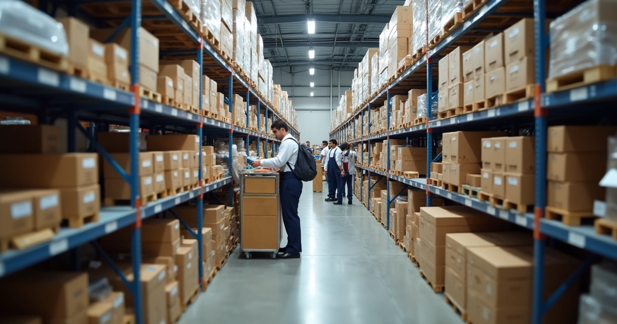 Logística no e-commerce: estratégias para reduzir custos e ganhar eficiência 1 Estantes de produtos organizados em um estoque, funcionários separando pedidos