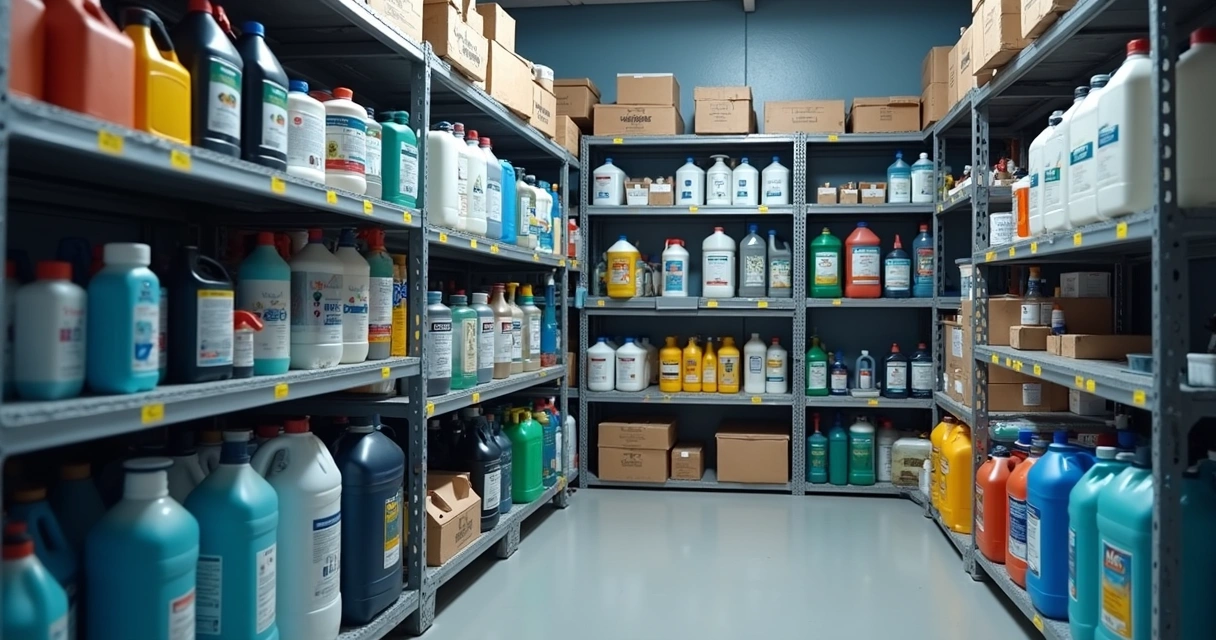 Prateleiras organizadas com produtos de limpeza industrial 