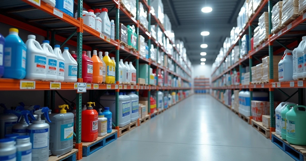 Prateleiras organizadas com produtos de limpeza industrial, com embalagens coloridas e rótulos visíveis 